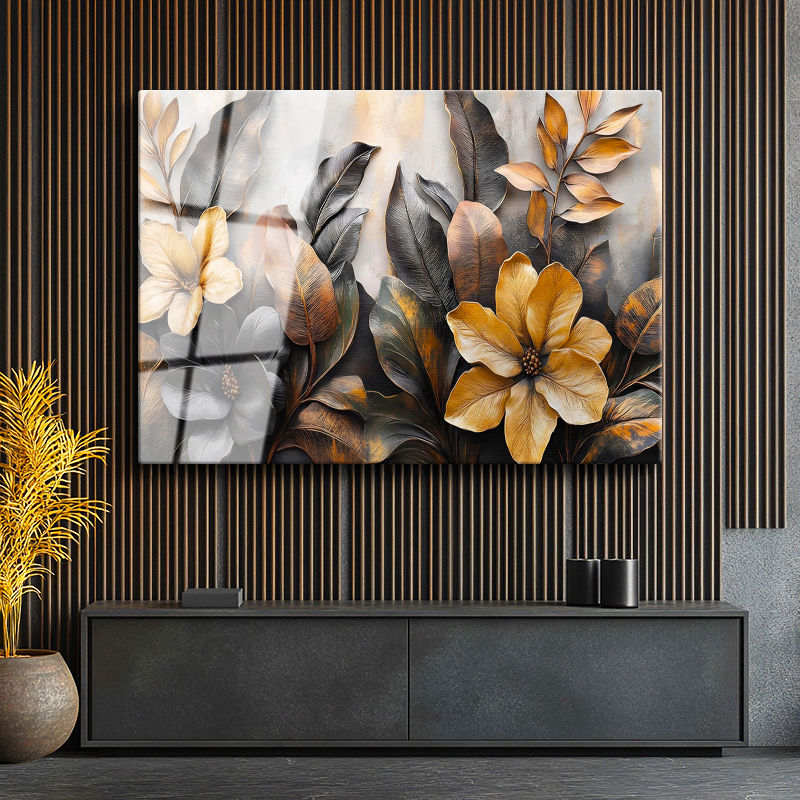 Tamperli Gerçek Cam Tablo Katmanlı Yapraklar ve Çiçekler Çiçek Tablosu Duvar Dekoru