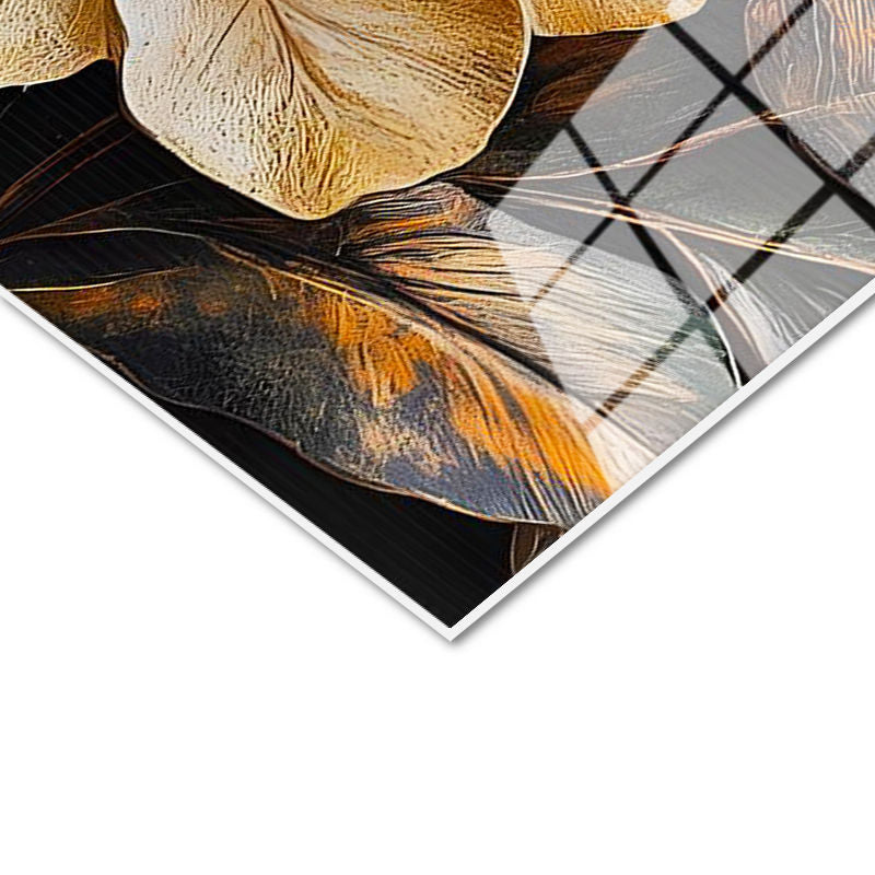 Tamperli Gerçek Cam Tablo Katmanlı Yapraklar ve Çiçekler Çiçek Tablosu Duvar Dekoru