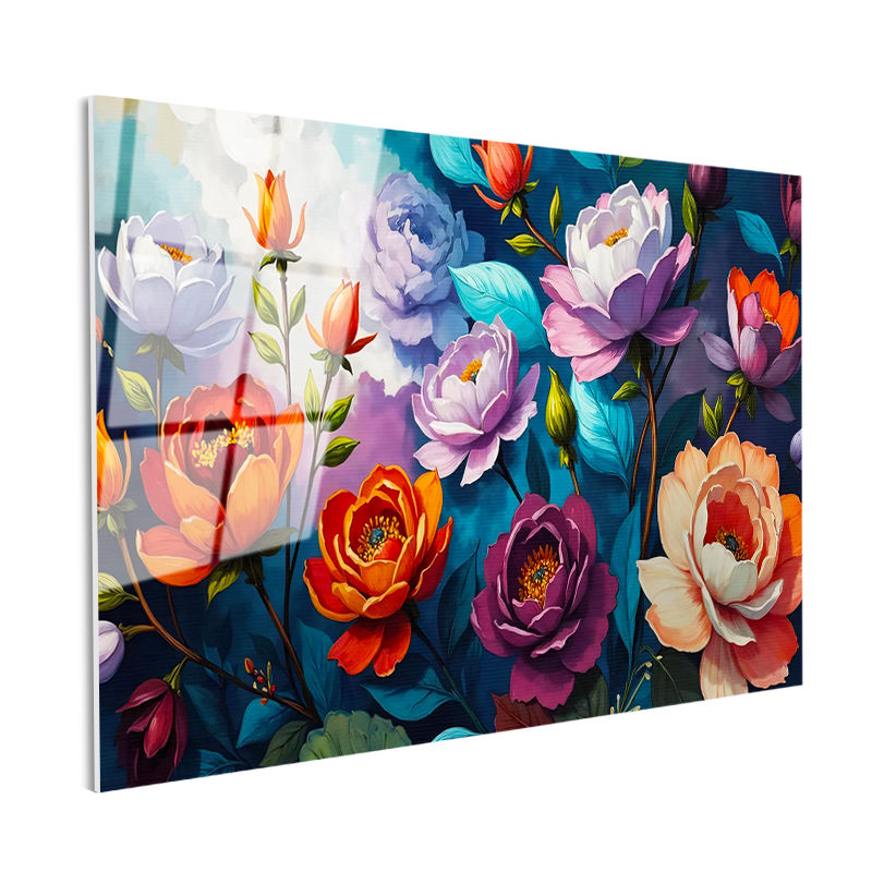 Tamperli Gerçek Cam Tablo Karışık Bahar Bahçesi Çiçek Tablosu Duvar Dekoru