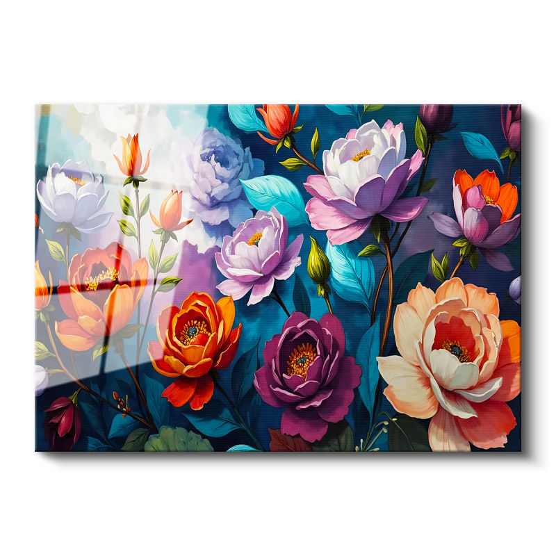 Tamperli Gerçek Cam Tablo Karışık Bahar Bahçesi Çiçek Tablosu Duvar Dekoru