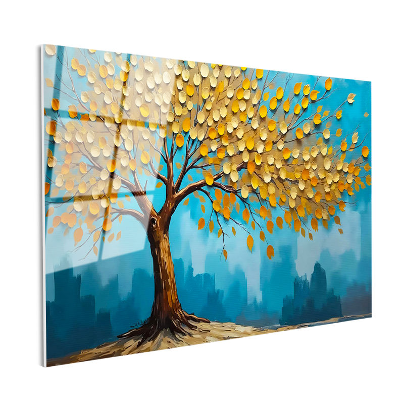 Tamperli Gerçek Cam Tablo Yuvarlak Yapraklı Estetik Ağaç Çiçek Tablosu Duvar Dekoru