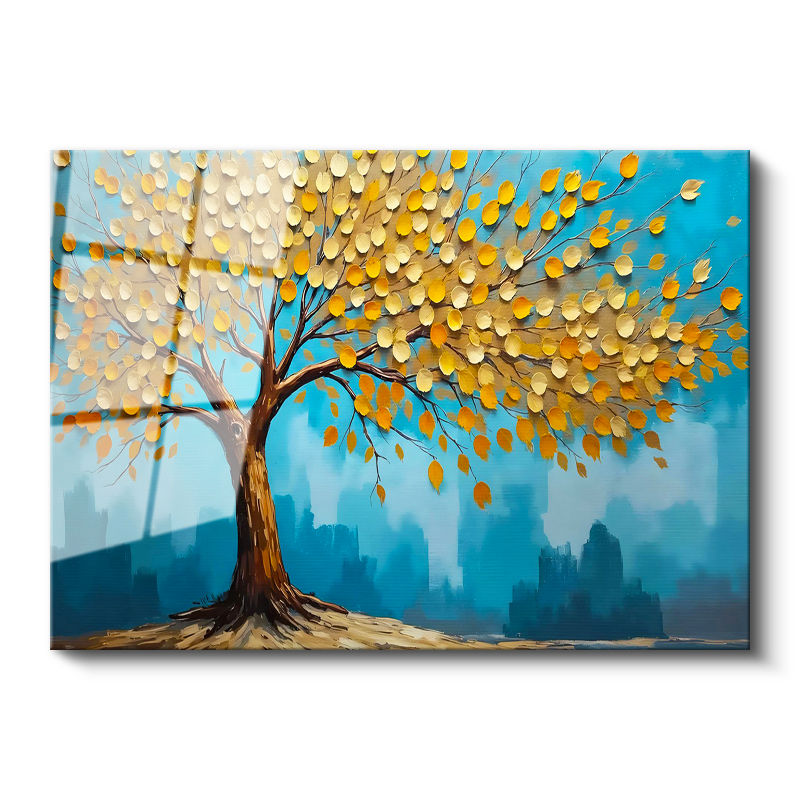 Tamperli Gerçek Cam Tablo Yuvarlak Yapraklı Estetik Ağaç Çiçek Tablosu Duvar Dekoru