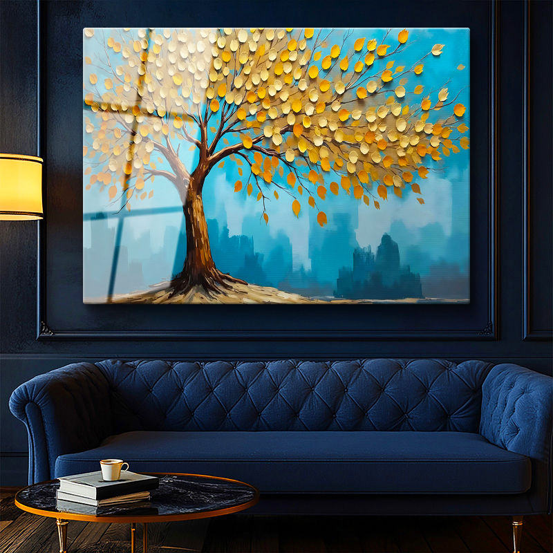 Tamperli Gerçek Cam Tablo Yuvarlak Yapraklı Estetik Ağaç Çiçek Tablosu Duvar Dekoru