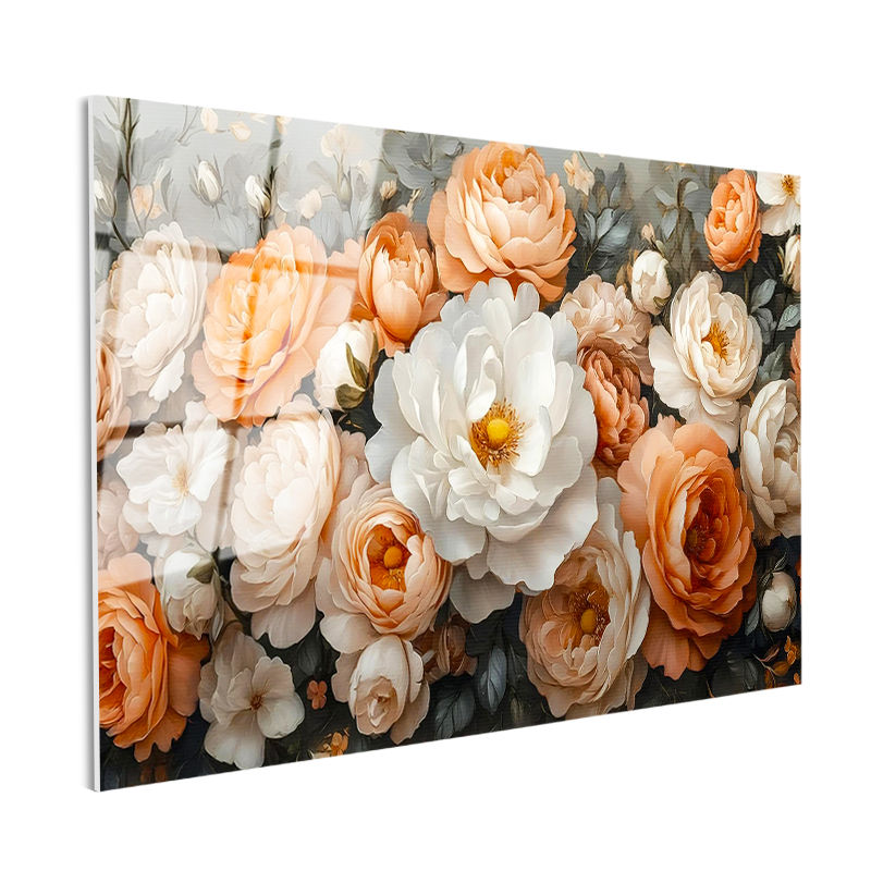 Tamperli Gerçek Cam Tablo Sık Yapraklı Katmerli Güller Çiçek Tablosu Duvar Dekoru