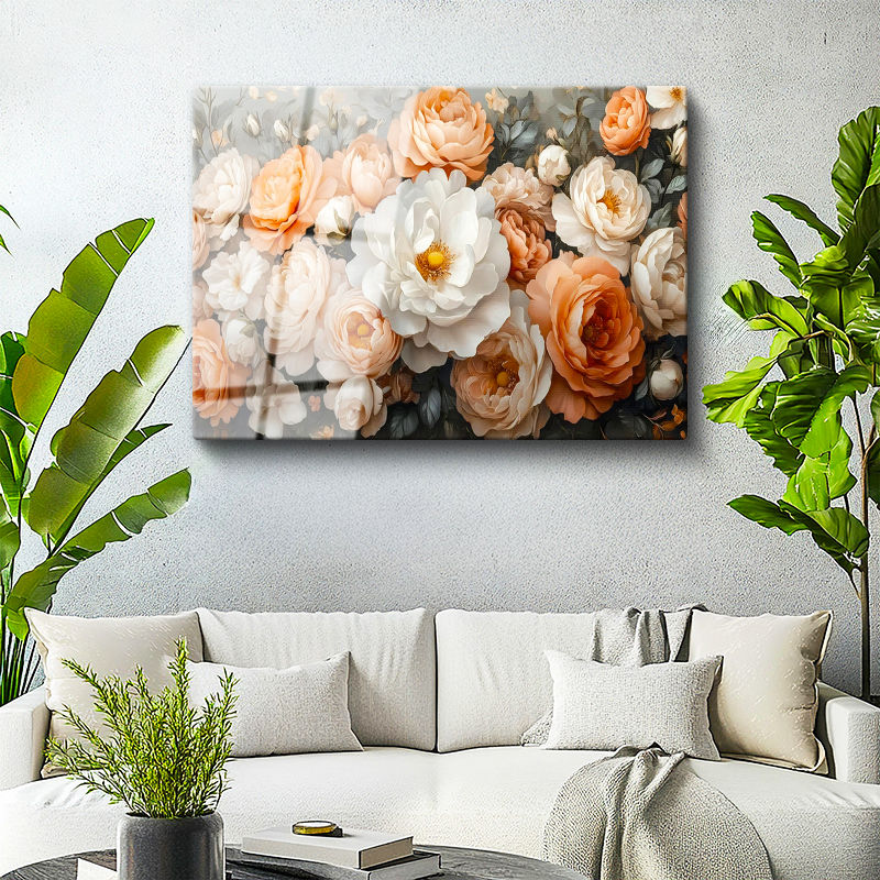 Tamperli Gerçek Cam Tablo Sık Yapraklı Katmerli Güller Çiçek Tablosu Duvar Dekoru