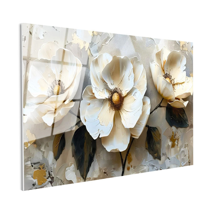 Tamperli Gerçek Cam Tablo Kabartma Görünümlü Üçlü Çiçek Çiçek Tablosu Duvar Dekoru