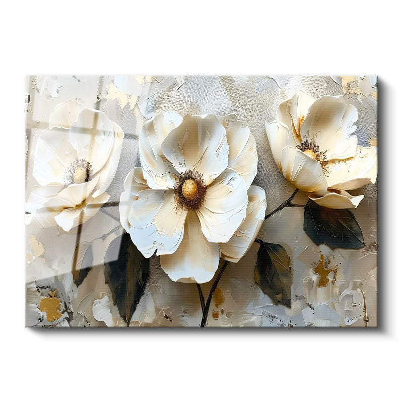 Tamperli Gerçek Cam Tablo Kabartma Görünümlü Üçlü Çiçek Çiçek Tablosu Duvar Dekoru