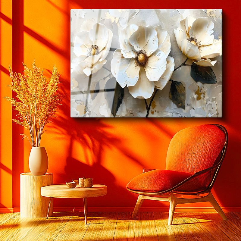 Tamperli Gerçek Cam Tablo Kabartma Görünümlü Üçlü Çiçek Çiçek Tablosu Duvar Dekoru