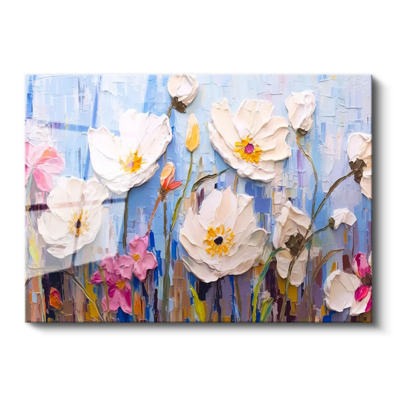 Tamperli Gerçek Cam Tablo Boya Dokulu Modern Çiçekler Çiçek Tablosu Duvar Dekoru