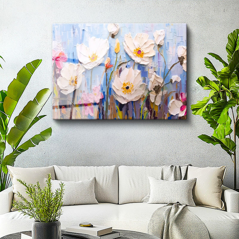 Tamperli Gerçek Cam Tablo Boya Dokulu Modern Çiçekler Çiçek Tablosu Duvar Dekoru