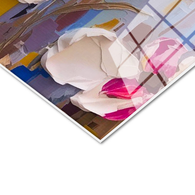 Tamperli Gerçek Cam Tablo Boya Dokulu Modern Çiçekler Çiçek Tablosu Duvar Dekoru