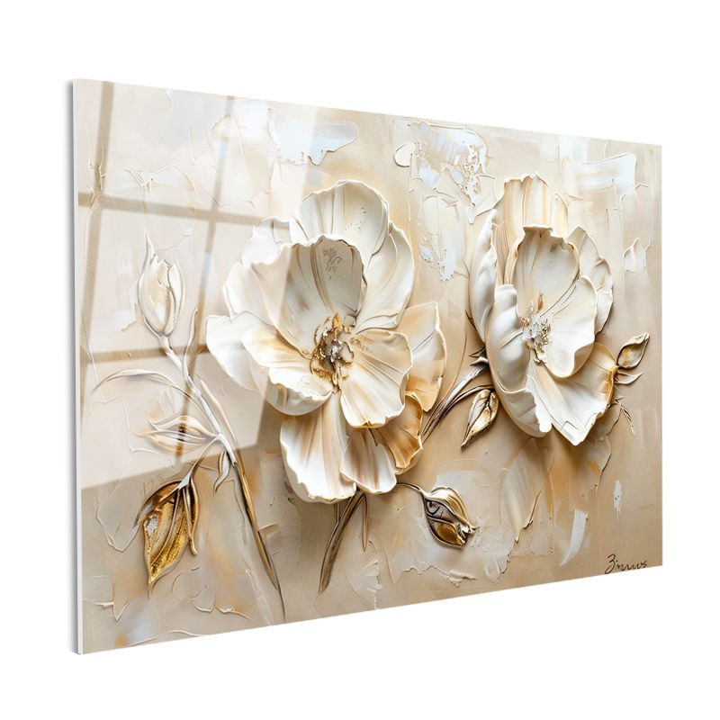 Tamperli Gerçek Cam Tablo Kabartma Görünümlü İkili Gül Çiçek Tablosu Duvar Dekoru