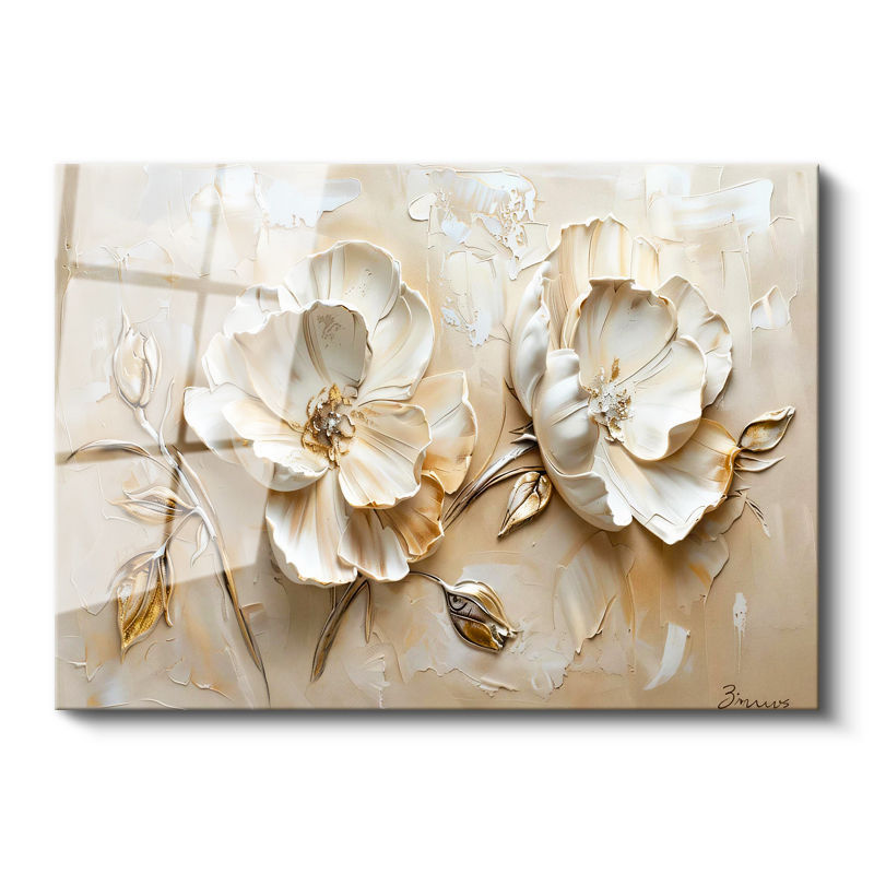 Tamperli Gerçek Cam Tablo Kabartma Görünümlü İkili Gül Çiçek Tablosu Duvar Dekoru