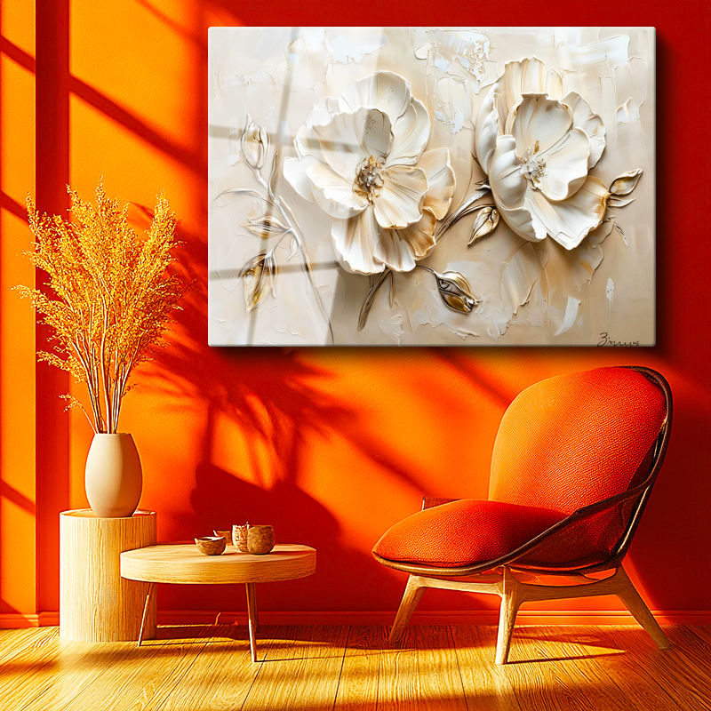 Tamperli Gerçek Cam Tablo Kabartma Görünümlü İkili Gül Çiçek Tablosu Duvar Dekoru