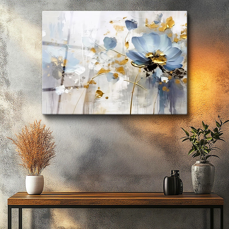 Tamperli Gerçek Cam Tablo Soyut Formlu Modern Çiçekler Çiçek Tablosu Duvar Dekoru