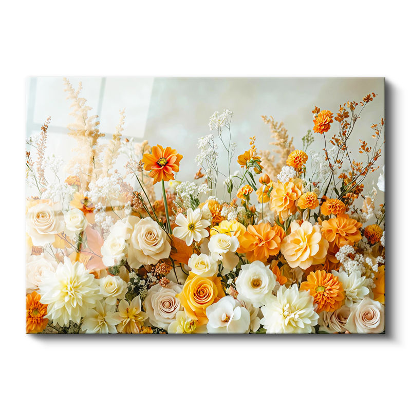 Tamperli Gerçek Cam Tablo Dolgun Çiçek Aranjmanı Gül Bahçesi Çiçek Tablosu Duvar Dekoru