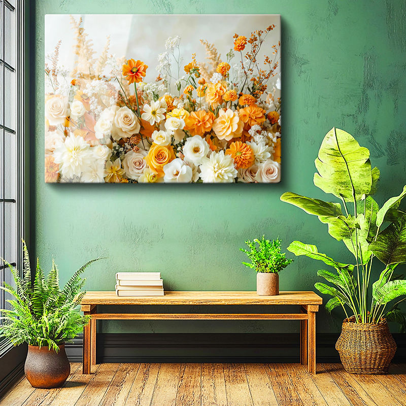 Tamperli Gerçek Cam Tablo Dolgun Çiçek Aranjmanı Gül Bahçesi Çiçek Tablosu Duvar Dekoru