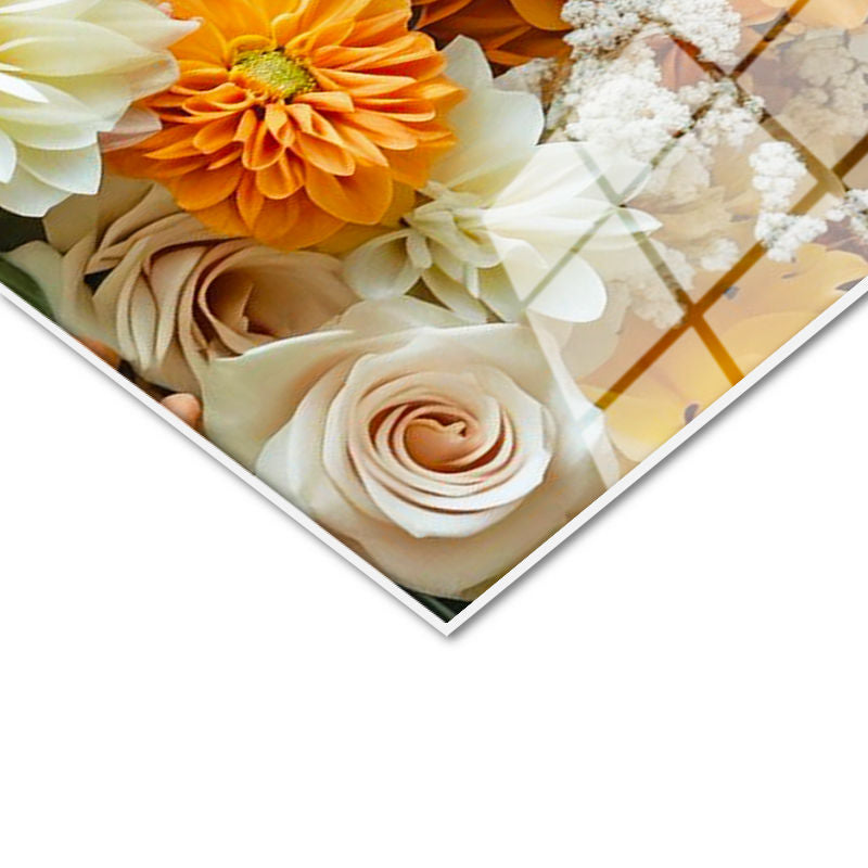 Tamperli Gerçek Cam Tablo Dolgun Çiçek Aranjmanı Gül Bahçesi Çiçek Tablosu Duvar Dekoru