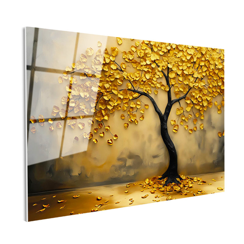 Tamperli Gerçek Cam Tablo Altın Yapraklı Estetik Ağaç Çiçek Tablosu Duvar Dekoru