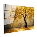 Tamperli Gerçek Cam Tablo Altın Yapraklı Estetik Ağaç Çiçek Tablosu Duvar Dekoru