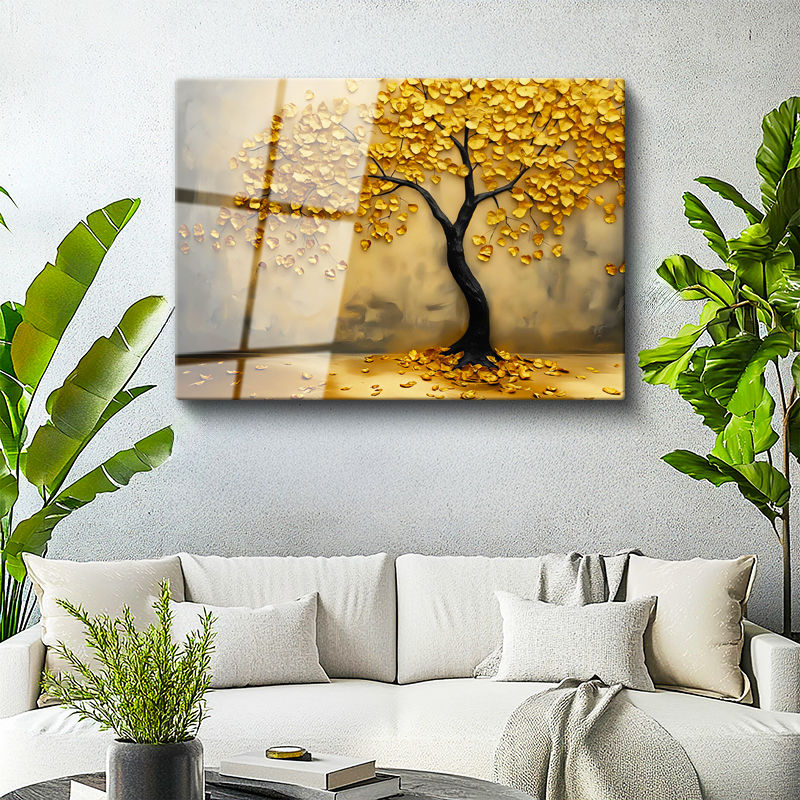 Tamperli Gerçek Cam Tablo Altın Yapraklı Estetik Ağaç Çiçek Tablosu Duvar Dekoru