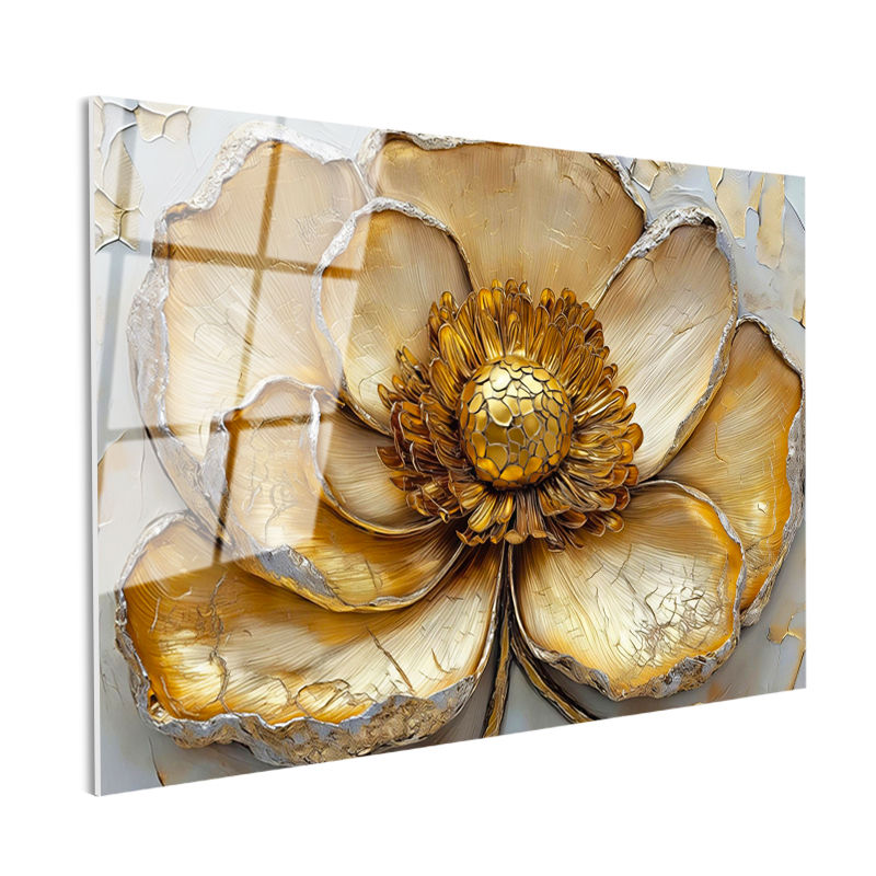 Tamperli Gerçek Cam Tablo Kabartma Görünümlü Dev Altın Çiçek Çiçek Tablosu Duvar Dekoru