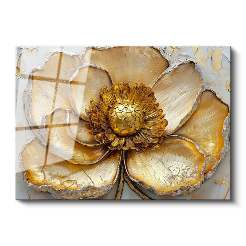 Tamperli Gerçek Cam Tablo Kabartma Görünümlü Dev Altın Çiçek Çiçek Tablosu Duvar Dekoru
