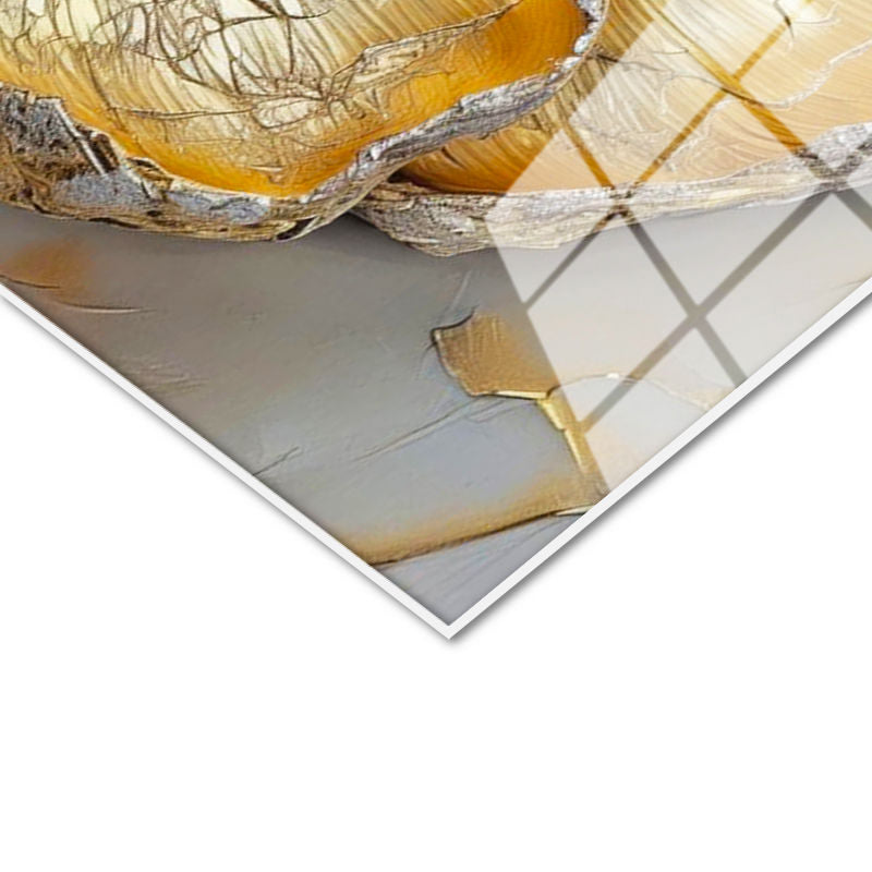 Tamperli Gerçek Cam Tablo Kabartma Görünümlü Dev Altın Çiçek Çiçek Tablosu Duvar Dekoru