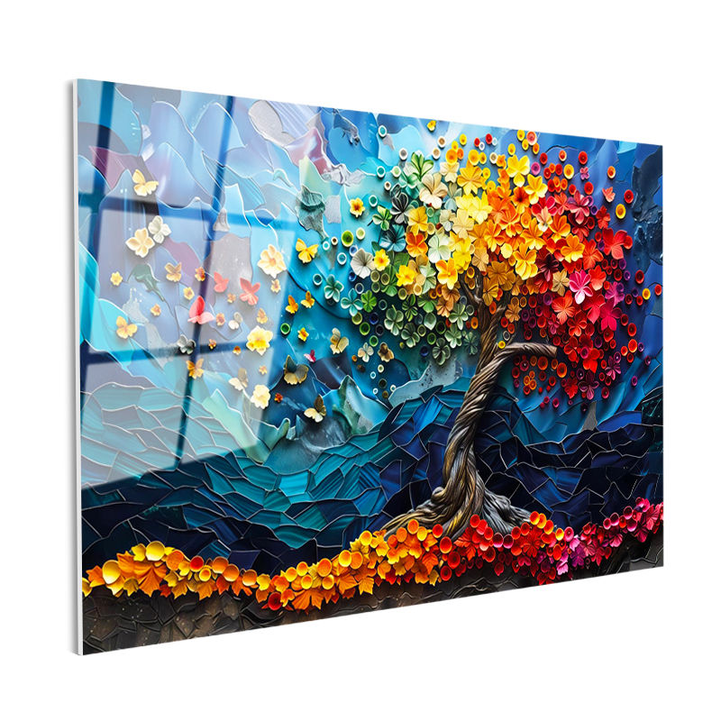 Tamperli Gerçek Cam Tablo Rengarenk Bahar Ağacı Çiçek Tablosu Duvar Dekoru
