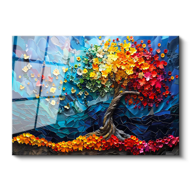 Tamperli Gerçek Cam Tablo Rengarenk Bahar Ağacı Çiçek Tablosu Duvar Dekoru