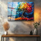 Tamperli Gerçek Cam Tablo Rengarenk Bahar Ağacı Çiçek Tablosu Duvar Dekoru