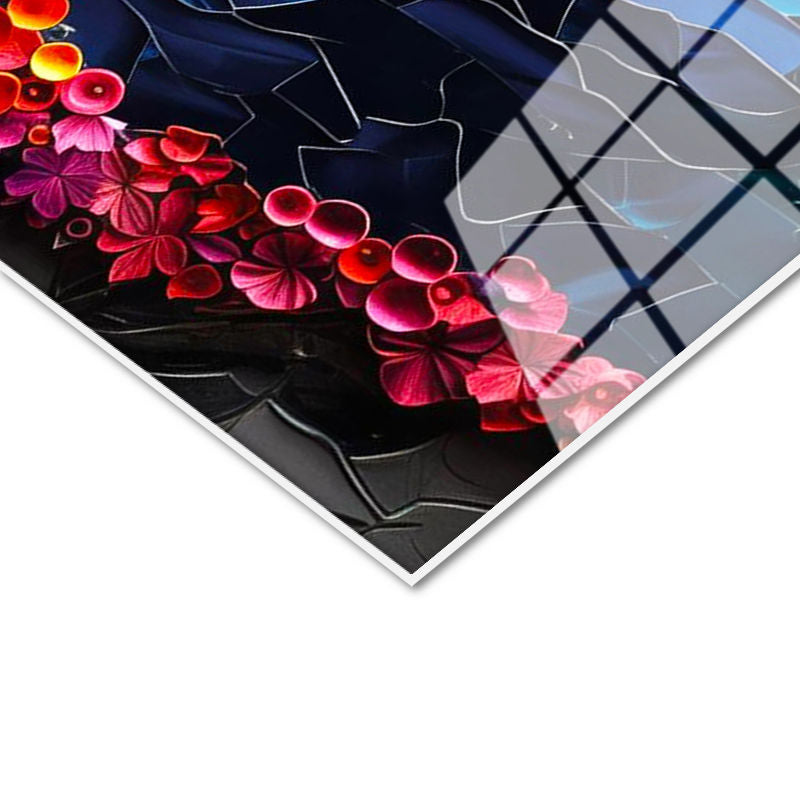 Tamperli Gerçek Cam Tablo Rengarenk Bahar Ağacı Çiçek Tablosu Duvar Dekoru