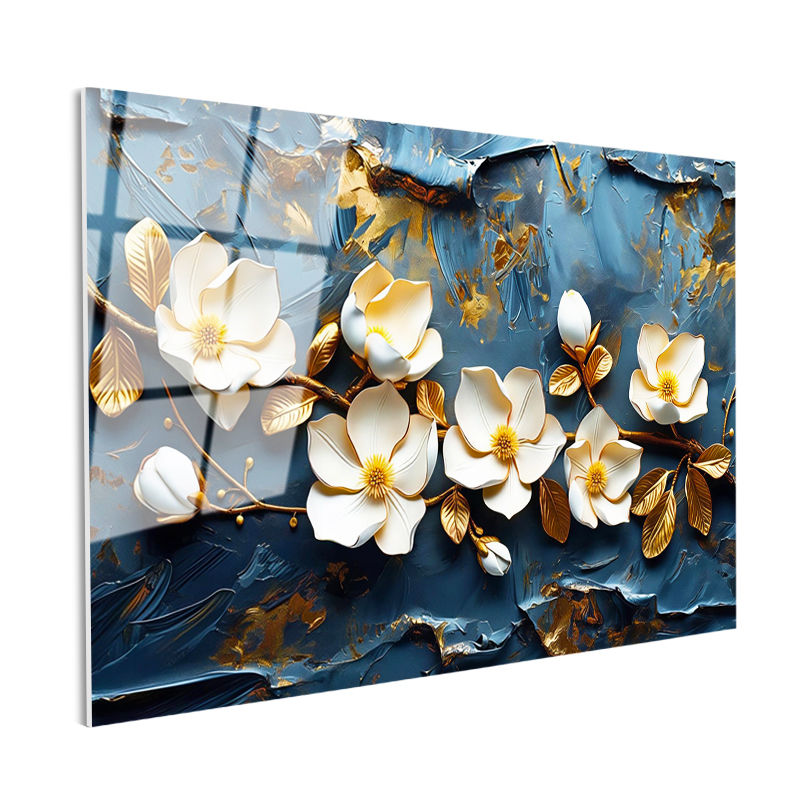 Tamperli Gerçek Cam Tablo Kabartma Görünümlü Manolya Dalı Çiçek Tablosu Duvar Dekoru