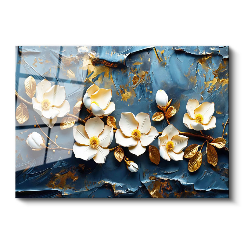Tamperli Gerçek Cam Tablo Kabartma Görünümlü Manolya Dalı Çiçek Tablosu Duvar Dekoru