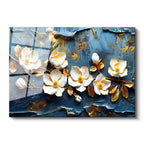 Tamperli Gerçek Cam Tablo Kabartma Görünümlü Manolya Dalı Çiçek Tablosu Duvar Dekoru