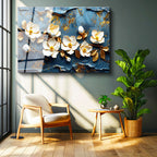 Tamperli Gerçek Cam Tablo Kabartma Görünümlü Manolya Dalı Çiçek Tablosu Duvar Dekoru