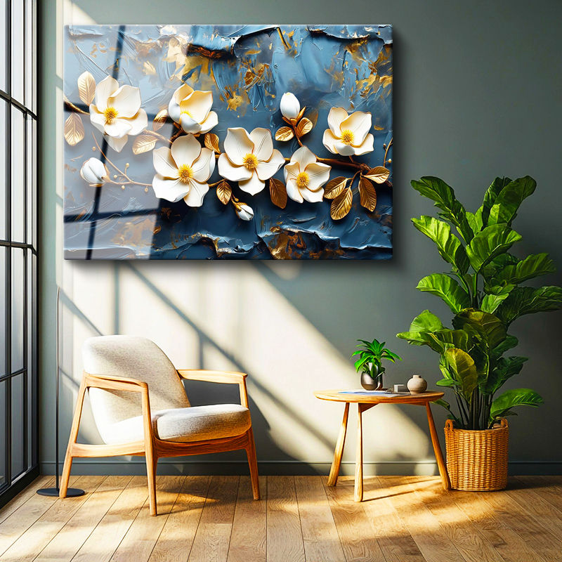 Tamperli Gerçek Cam Tablo Kabartma Görünümlü Manolya Dalı Çiçek Tablosu Duvar Dekoru