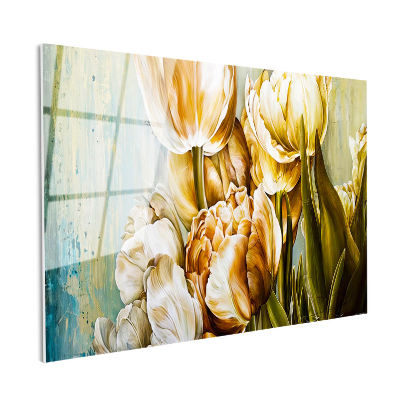 Tamperli Gerçek Cam Tablo Zarif Lale Aranjmanı Çiçek Tablosu Duvar Dekoru