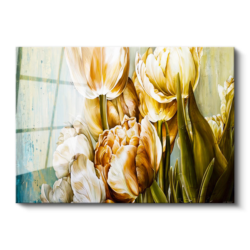 Tamperli Gerçek Cam Tablo Zarif Lale Aranjmanı Çiçek Tablosu Duvar Dekoru