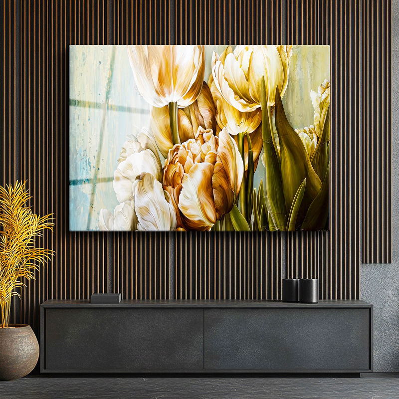 Tamperli Gerçek Cam Tablo Zarif Lale Aranjmanı Çiçek Tablosu Duvar Dekoru
