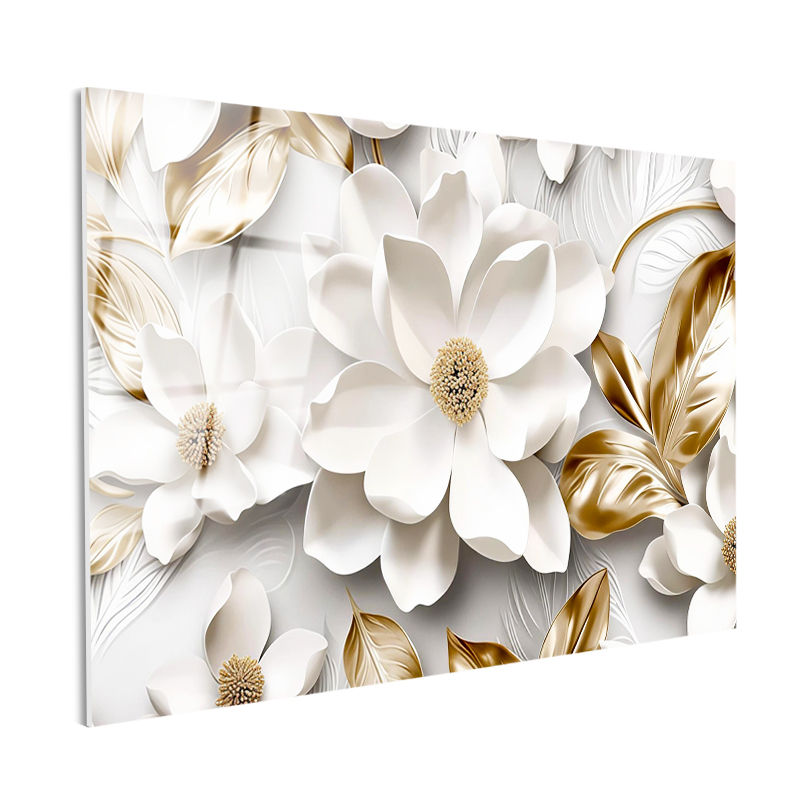 Tamperli Gerçek Cam Tablo Büyük Beyaz Manolyalar Çiçek Tablosu Duvar Dekoru