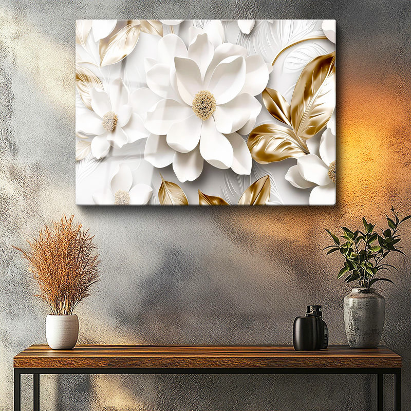 Tamperli Gerçek Cam Tablo Büyük Beyaz Manolyalar Çiçek Tablosu Duvar Dekoru