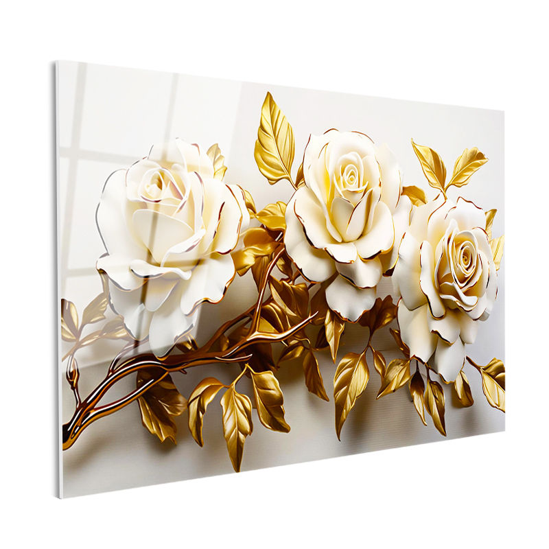 Tamperli Gerçek Cam Tablo Kabartma Görünümlü Üçlü Güller Çiçek Tablosu Duvar Dekoru