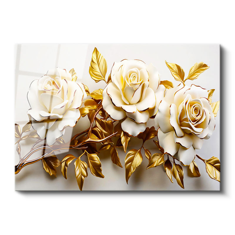 Tamperli Gerçek Cam Tablo Kabartma Görünümlü Üçlü Güller Çiçek Tablosu Duvar Dekoru