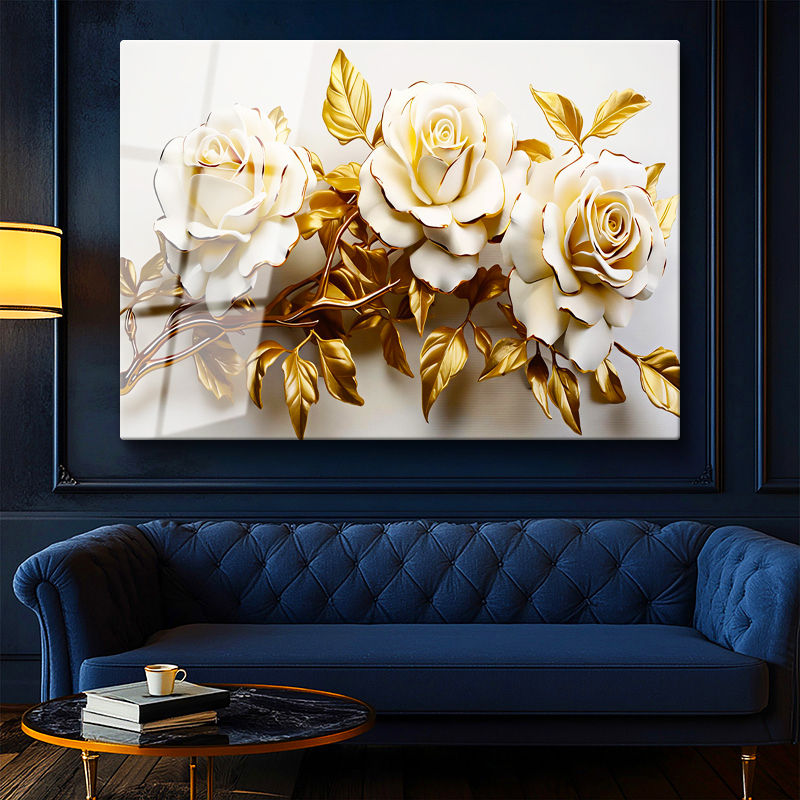 Tamperli Gerçek Cam Tablo Kabartma Görünümlü Üçlü Güller Çiçek Tablosu Duvar Dekoru