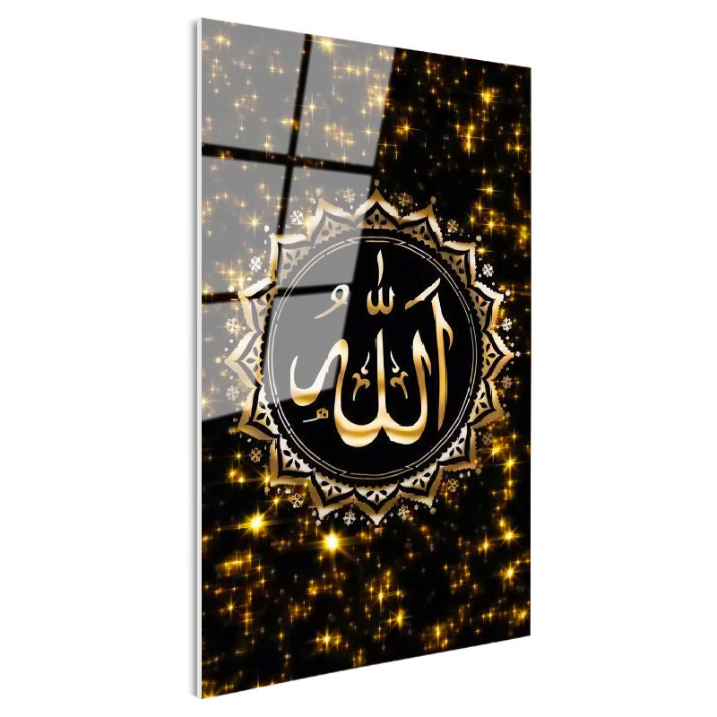 Tamperli Gerçek Cam Tablo Allah Lafzı Altın Rengi Yıldız Desenli Dini İslami Tablo Duvar Dekoru