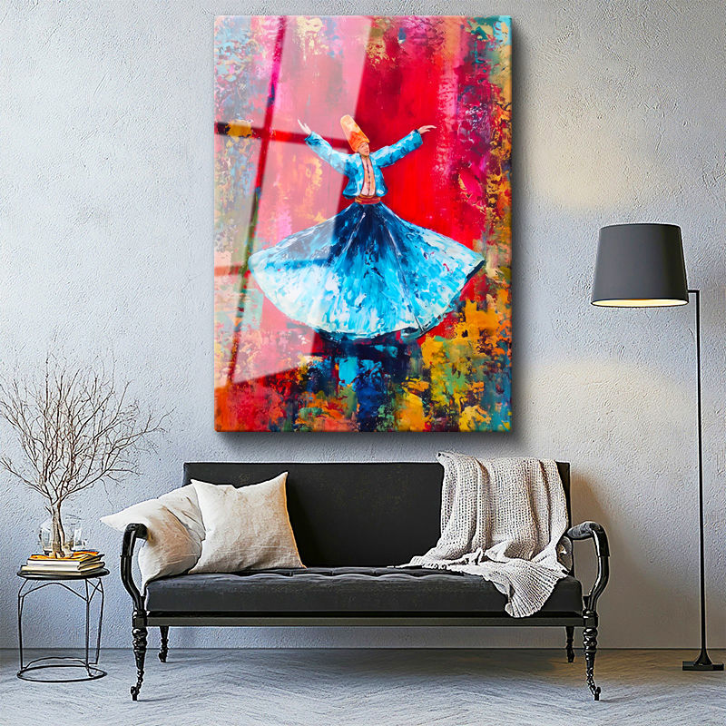 Tamperli Gerçek Cam Tablo Renkli Semazen Figürü Soyut Çalışma Dini İslami Tablo Duvar Dekoru