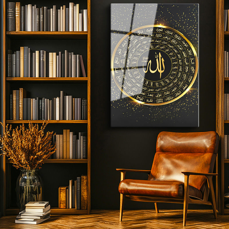 Tamperli Gerçek Cam Tablo Esmaül Hüsna Yuvarlak Tasarım Siyah Fon Dini İslami Tablo Duvar Dekoru