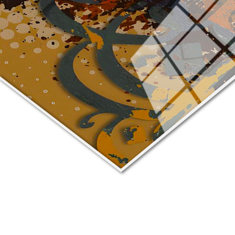 Tamperli Gerçek Cam Tablo Modern Vav Harfi Boya Efektli Dini İslami Tablo Duvar Dekoru