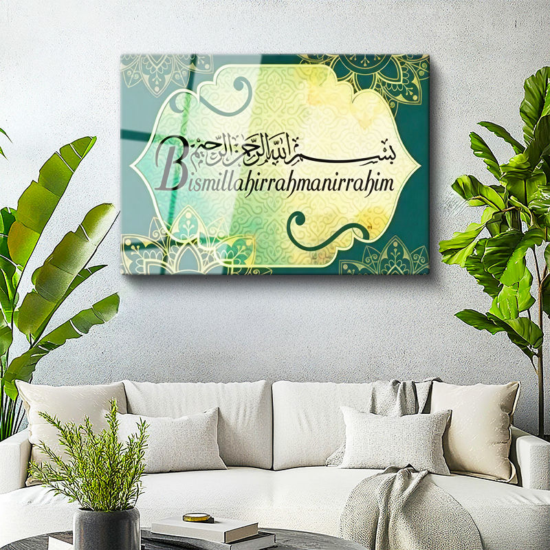 Tamperli Gerçek Cam Tablo Besmele Yazısı Otantik Desenli Dini İslami Tablo Duvar Dekoru